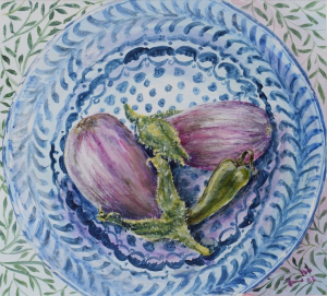 striped aubergines and green chilli on a Spanish plate