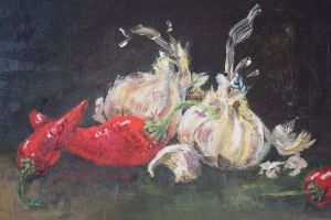 Still life with garlic and chilli peppers